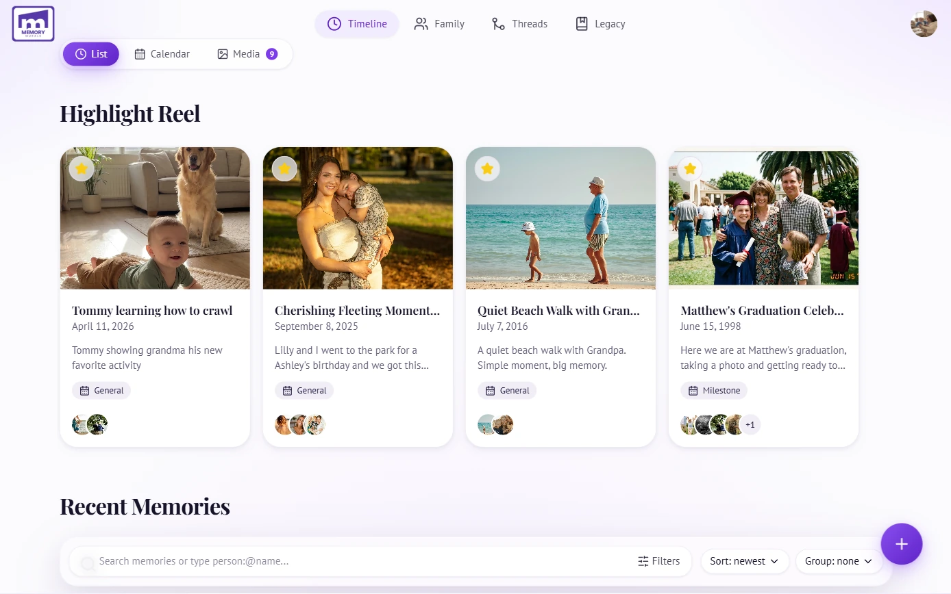 The Memory Murals timeline on a desktop browser, showing dated family memories with photos and tagged people.
