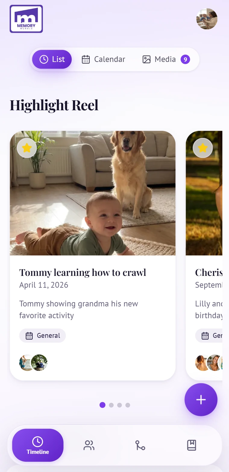 The Memory Murals timeline on a phone, showing a highlight reel of dated family memories with photos.