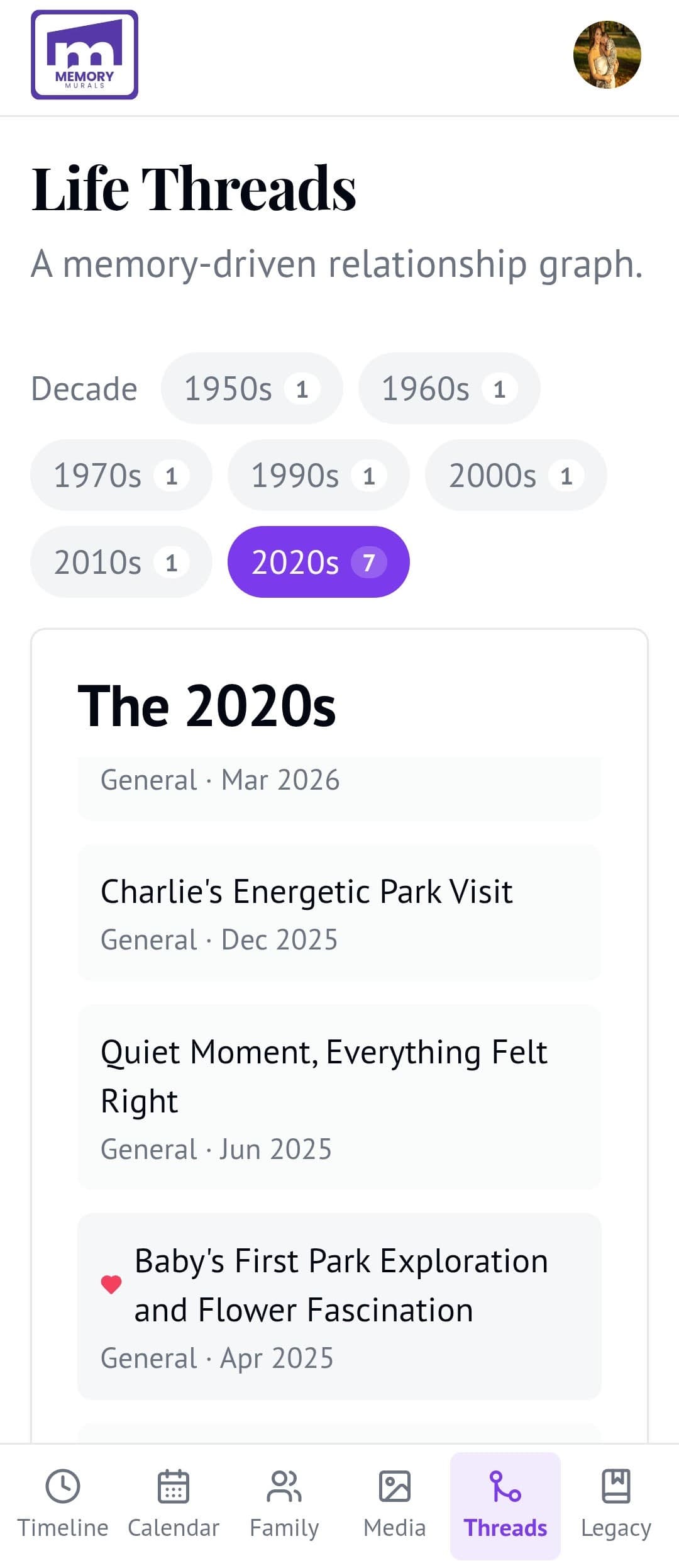Browse family memories by decade in Life Threads