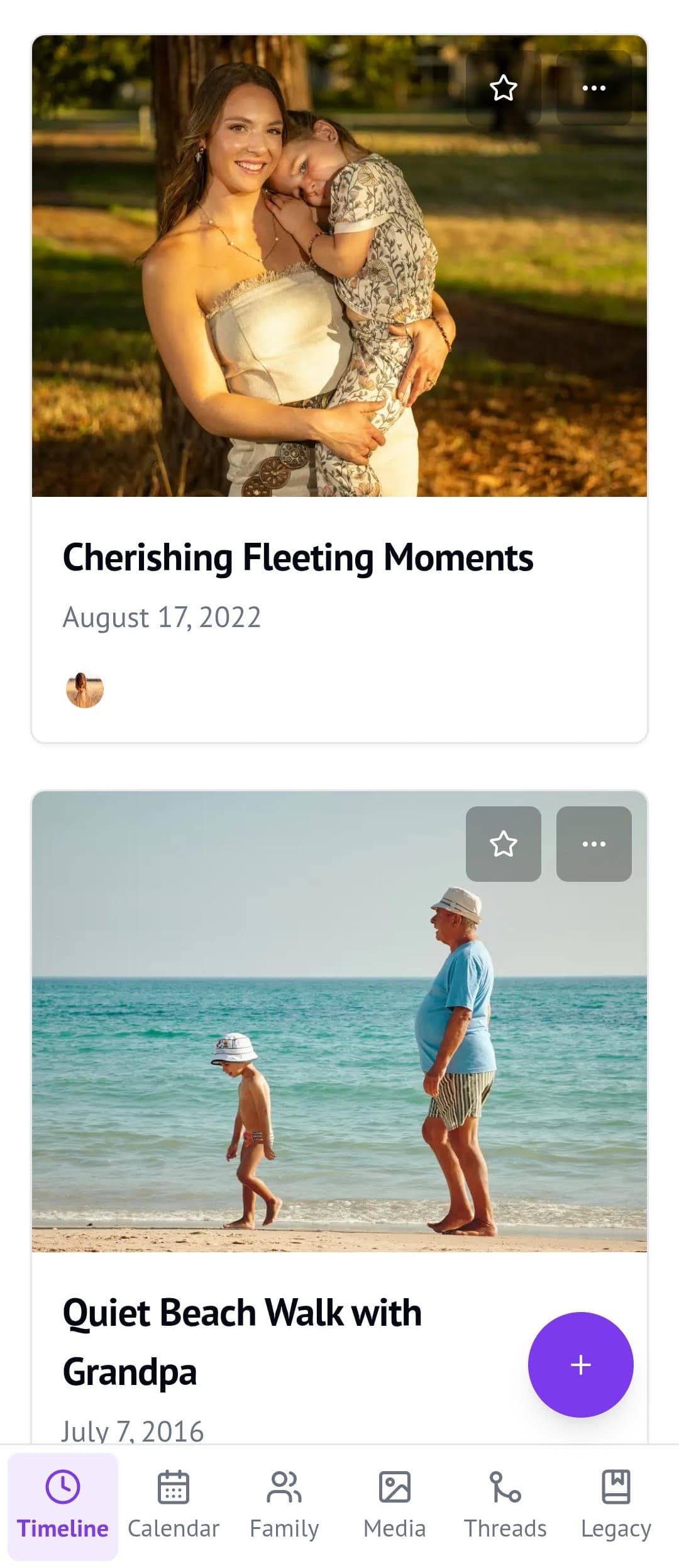 Memory Murals app showing a family timeline with photos, stories, and voice recordings