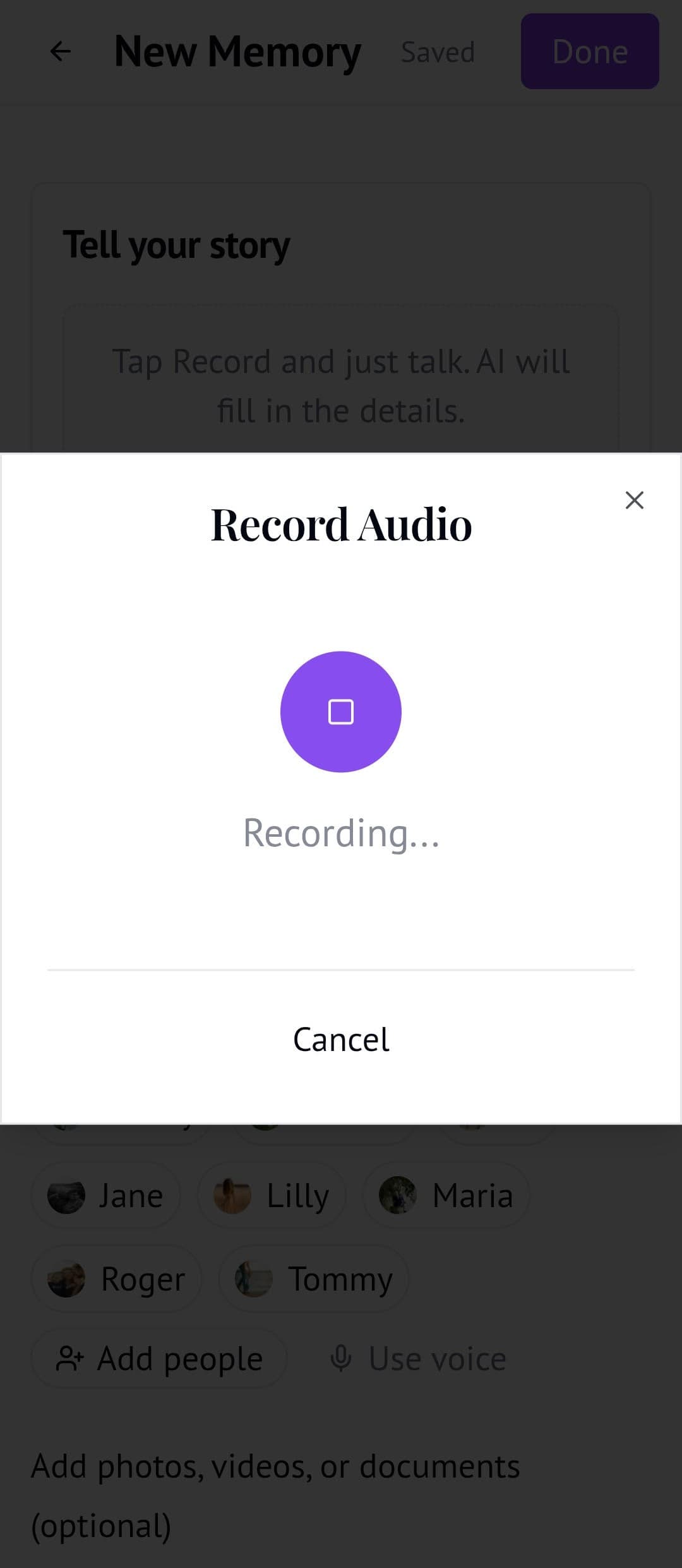 Tap record and start talking — Memory Murals AI capture